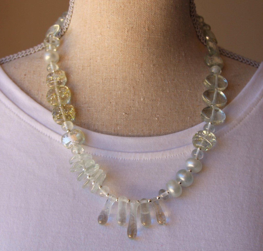 Asymmetrical Necklace.  Handmade glass beads, made from a Banrock Station wine bottle.