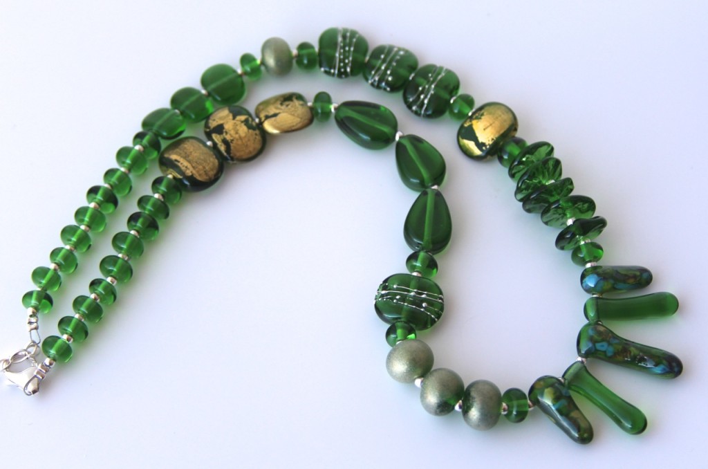 Asymmetrical necklace - handmade glass beads, made from a Peroni Beer Bottle