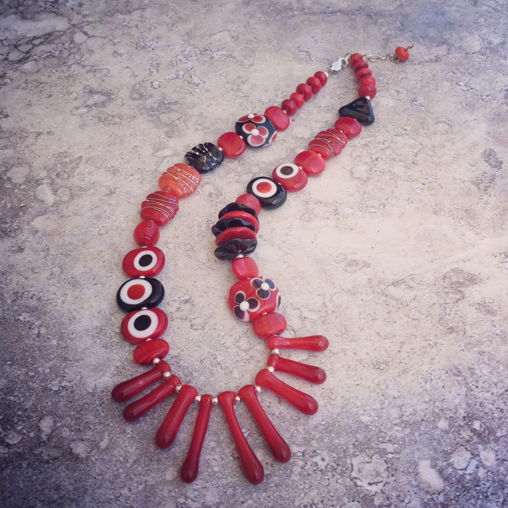 Classic red/black/white necklace, with handmade glass beads by Julie Frahm