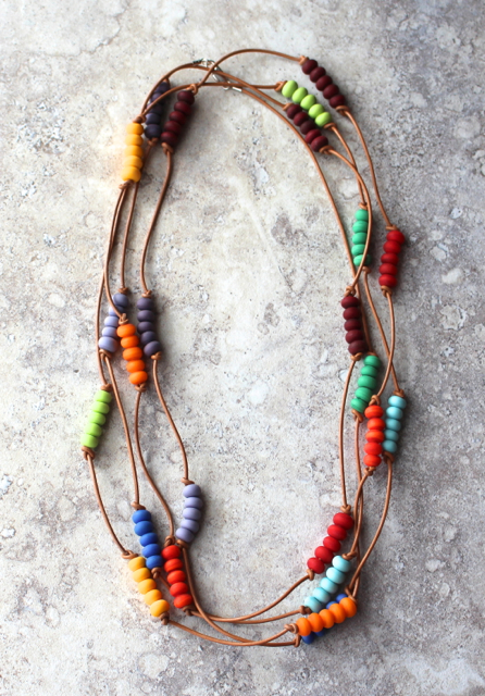 Colour wheel necklace on leather with etched beads