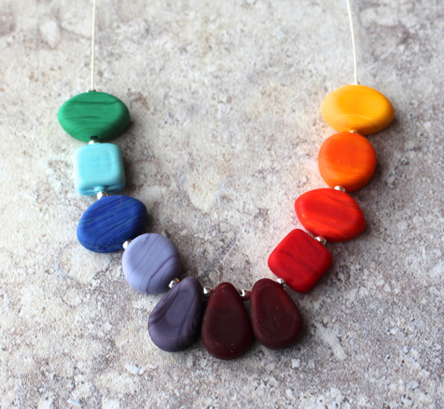 The etched version of the colour wheel necklace, starting from green!  Handmade glass beads by Julie Frahm
