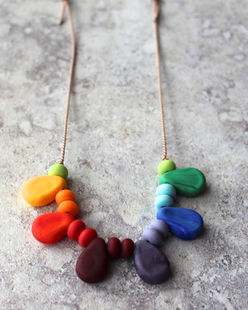 Colour wheel necklace, on silk, etched handmade glass beads by Julie Frahm
