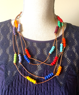 Colour wheel necklace with etched beads on leather (modelled)