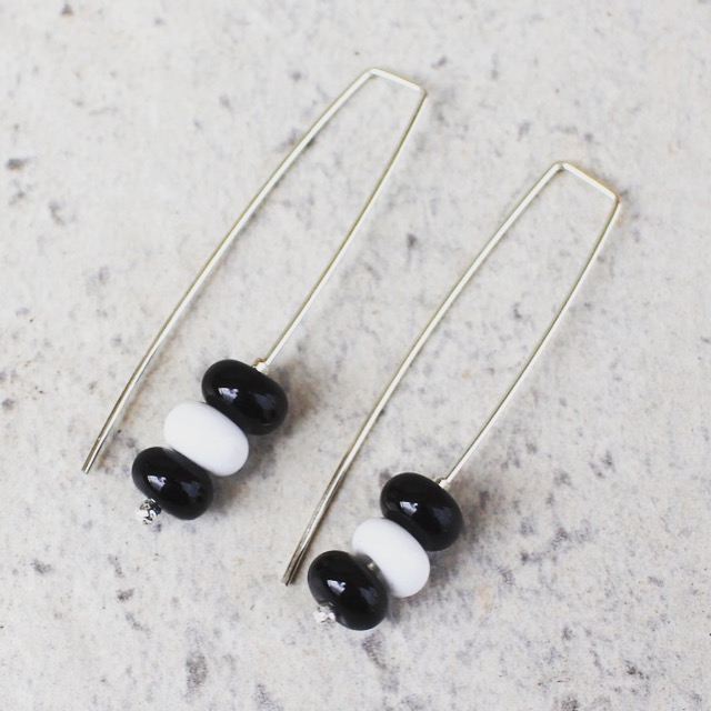 Long black and white earrings, glass beads made by Julie Frahm