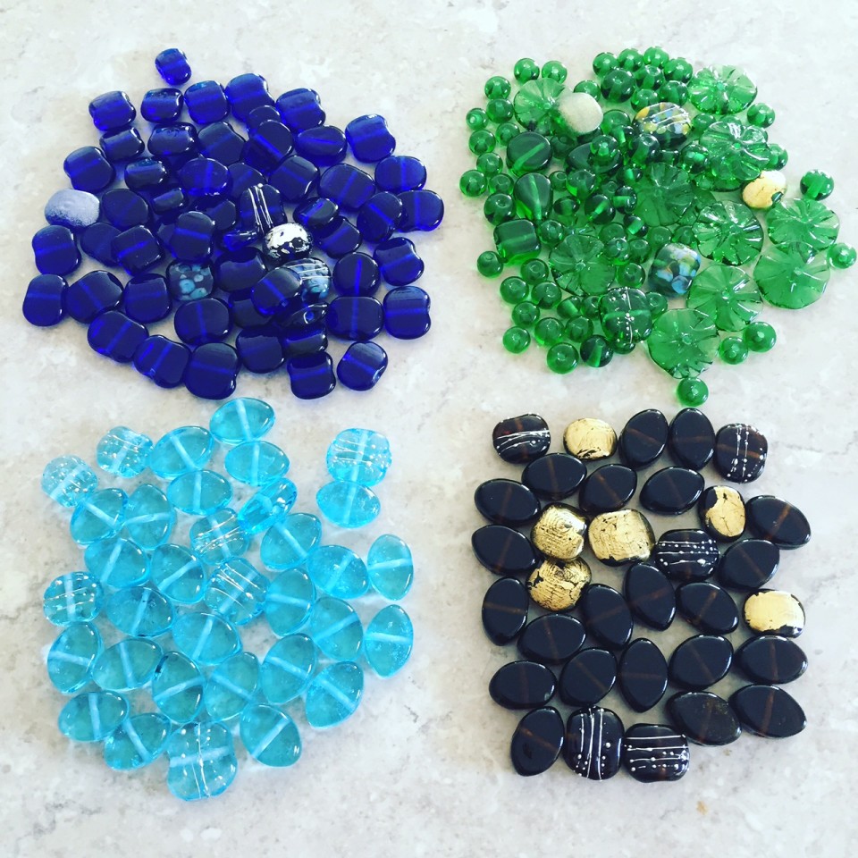 Handmade recycled glass beads. Made from a Skyy Vodka bottle, Peroni Beer Bottle, Bombay Sapphire Gin bottle and a Coopers Ale bottle