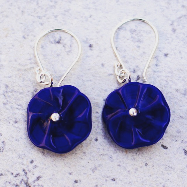 Blue flower drop earrings, handmade glass beads by Julie Frahm