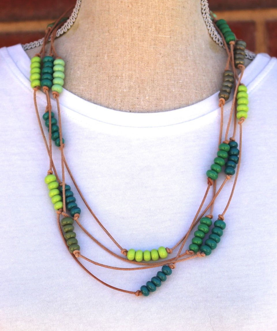 Green Beads on leather necklace