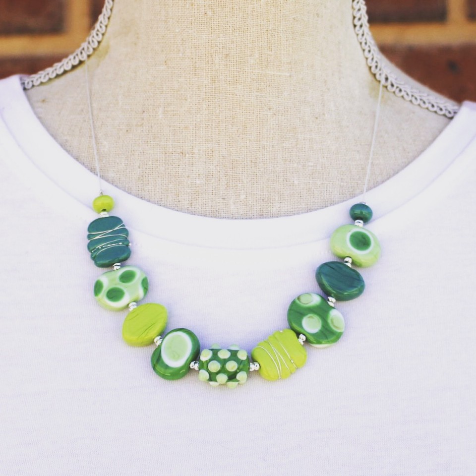 Mixed Green Glass Bead necklace modelled.