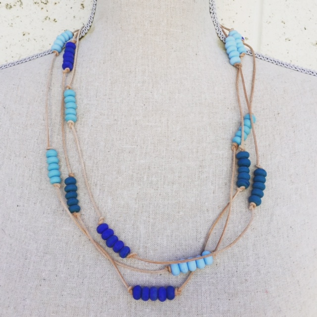 Etched blue glass bead necklace