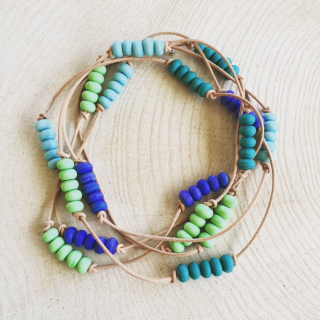 Etched blue/green handmade glass bead necklace