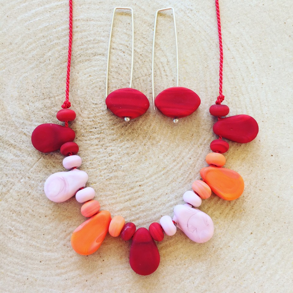 Etched red handmade glass bead necklace and earrings!