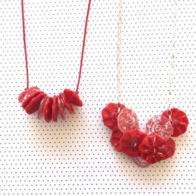 Red flower disk necklaces