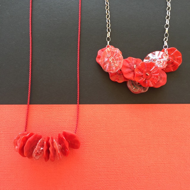 Red flower disk necklaces