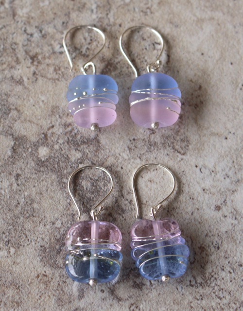 Rose Quartz and Serenity handmade glass bead earrings by Julie Frahm