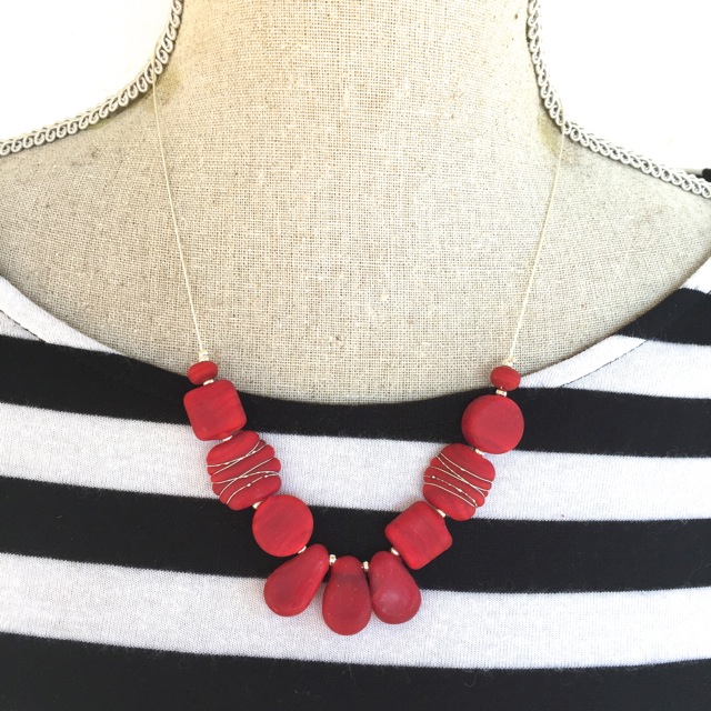 Etched red glass bead necklace