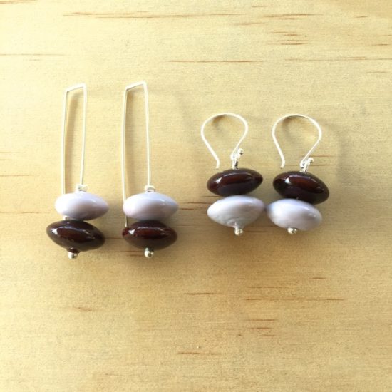 Brown and pink handmade glass bead earrings by Julie Frahm