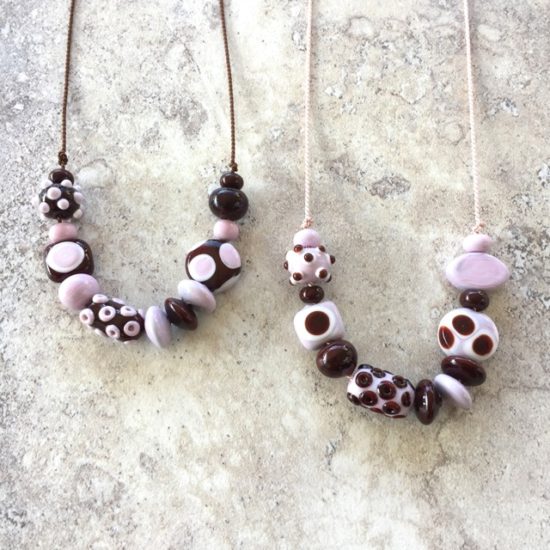Brown and pink handmade glass bead necklaces by Julie Frahm
