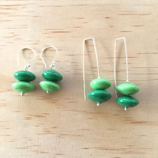 Green handmade glass bead earrings by Julie Frahm