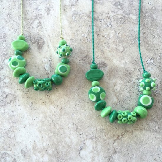 Green handmade glass bead necklaces by Julie Frahm