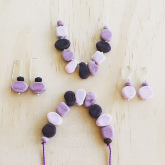 Purple Etched handmade glass bead necklace and earrings by Julie Frahm