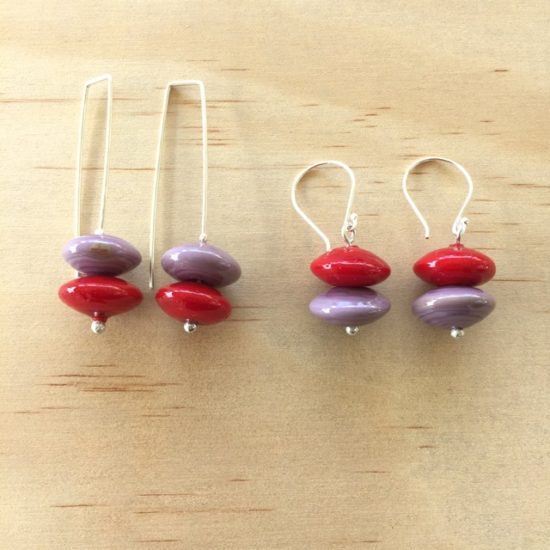 Red and purple handmade glass bead earrings by Julie Frahm
