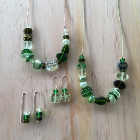 Mixed green recycled glass bead jewellery by Julie Frahm