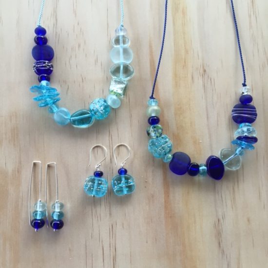 Mixed blue recycled glass bead jewellery by Julie Frahm