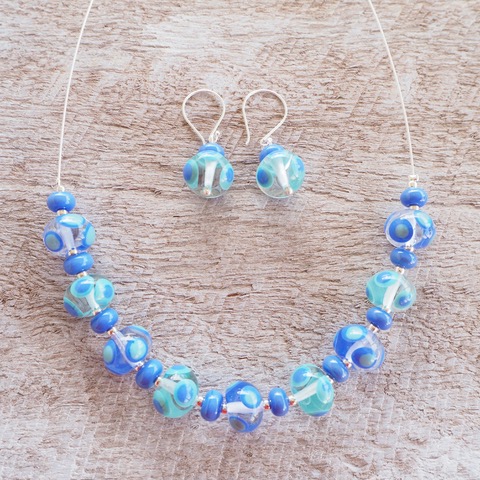 Blue handmade glass bead necklace