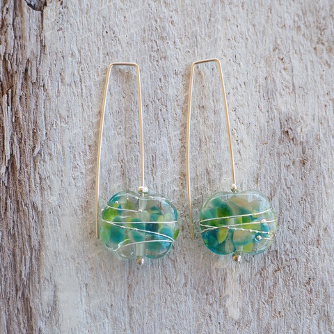 Recycled glass earrings | pretty long green recycled glass earrings 