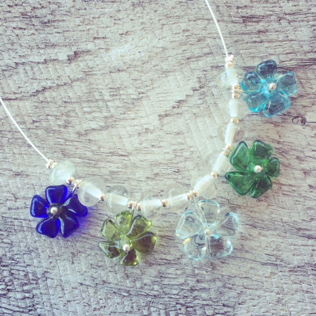 Recycled glass necklace | featuring pretty flower beads from vodka, wine and gin bottles 