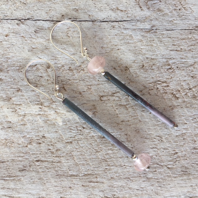 Recycled glass earrings | pink recycled glass beads with enamel copper tubes