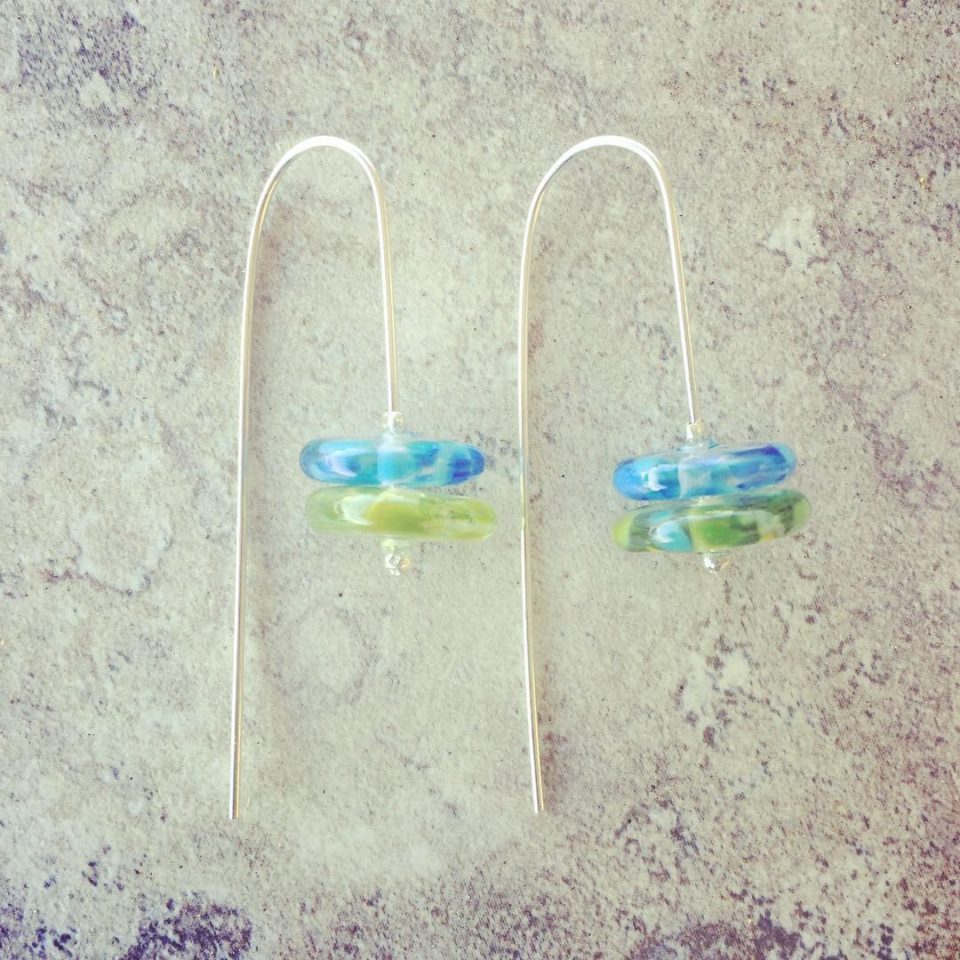 Recycled glass jewellery | blue and green glass beads made from gin, vodka and wine bottles.