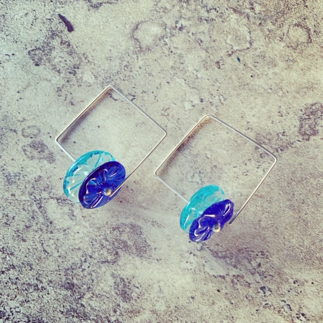 Recycled glass earrings | blue square hoop earrings, beads made from gin and vodka bottles 