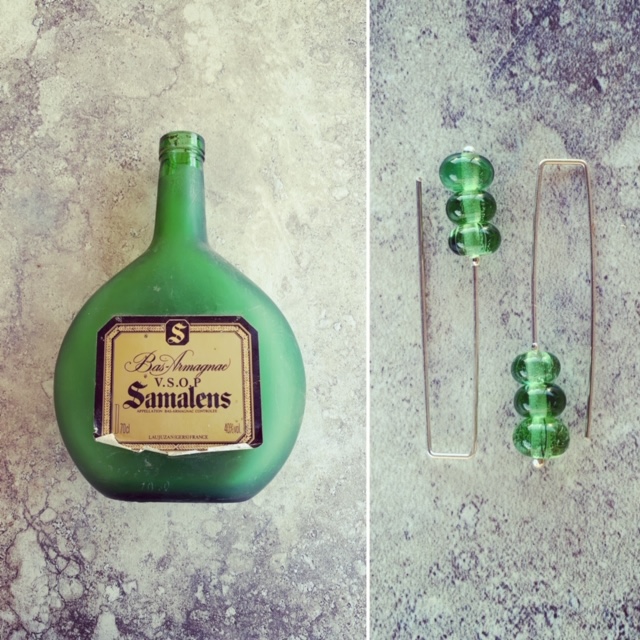 Recycled glass earrings | beads made from a sand-blasted green bottle 