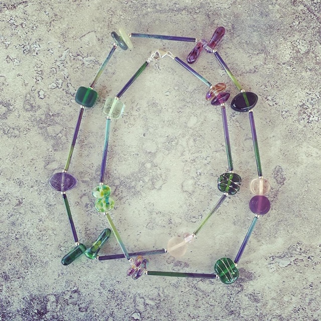 Recycled glass necklace | purple and green recycled glass beads made from various glass objects 