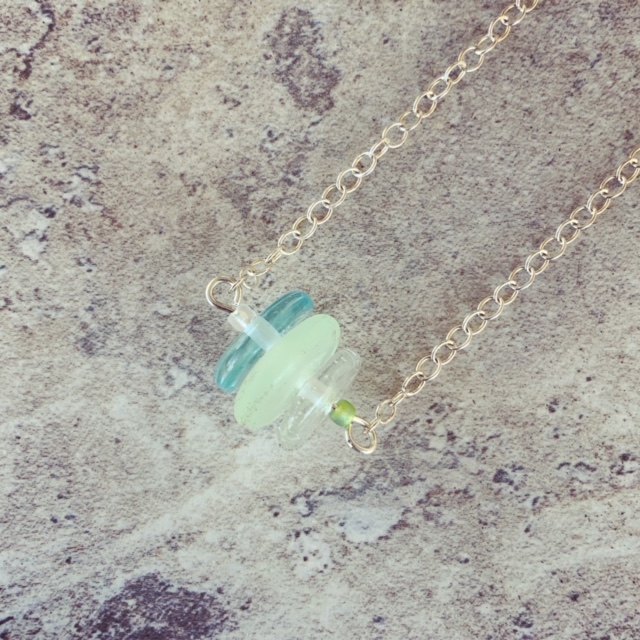 Recycled glass necklace | glass beads made from gin and tonic water bottles and Green Depression Glass 