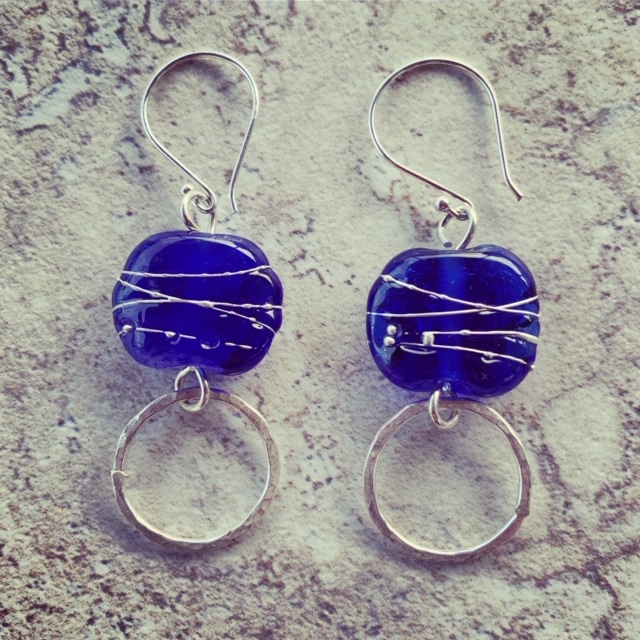 Handmade recycled glass beads made from a Skyy Vodka bottle, beautiful blue glass earrings