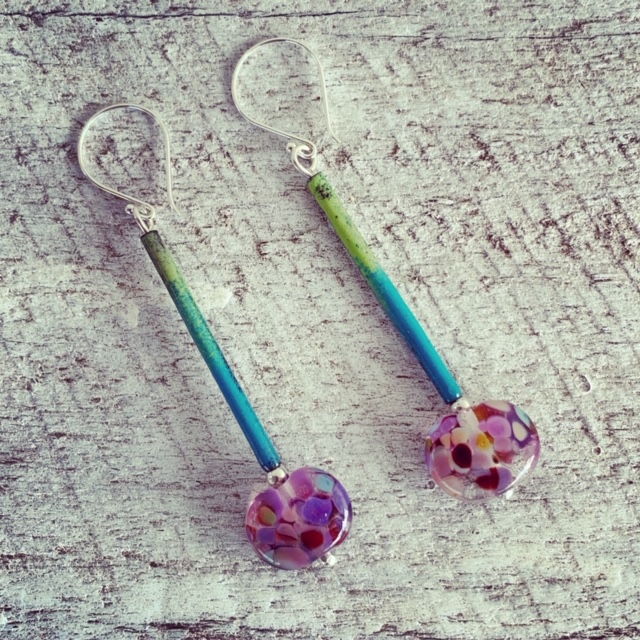 Long copper enamel and recycled glass earrings