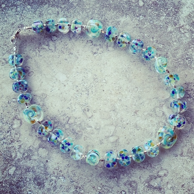 Recycled glass necklace, beads made from a wine bottle
