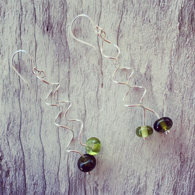 Green recycled glass spiral earrings 