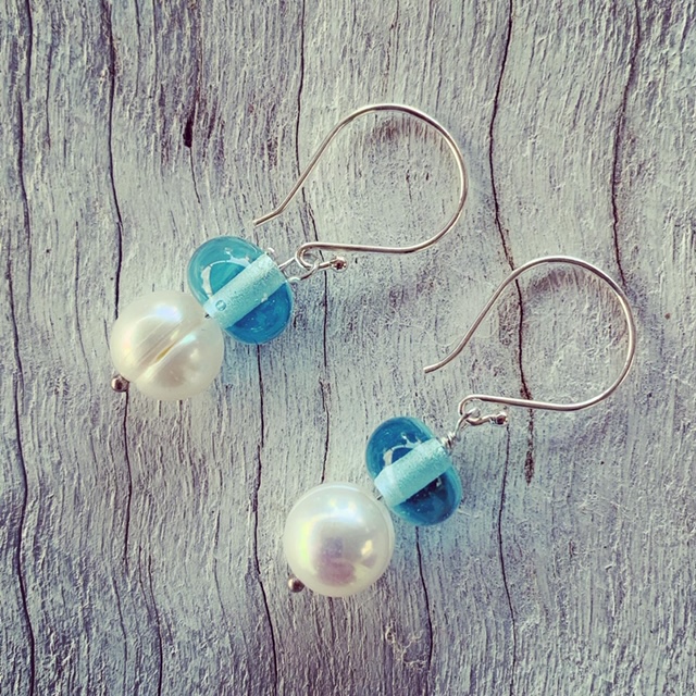 Pearl and Recycled Glass Bead Earrings