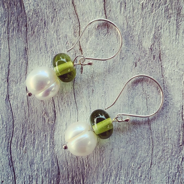 Pearl and Recycled Glass Bead Earrings