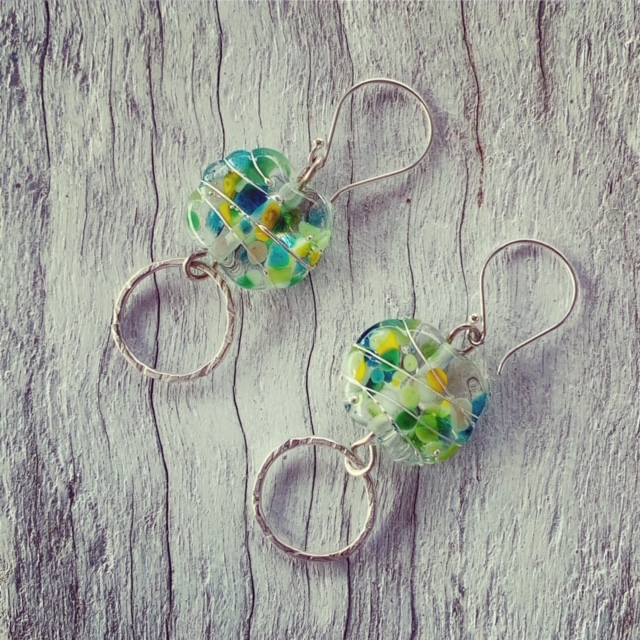 Green Recycled glass earrings made from a wine bottle