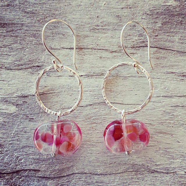 Hot pink recycled glass bead earrings, made from a wine bottle