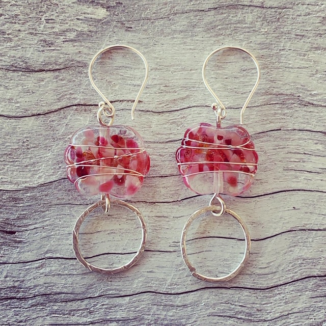 Hot pink recycled glass bead earrings, made from a wine bottle