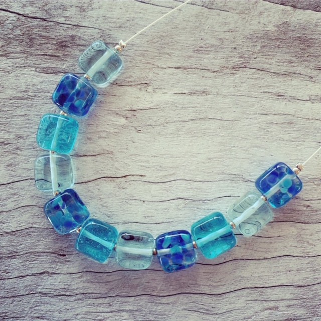 Blue recycled glass bead necklace made from wine and gin bottles