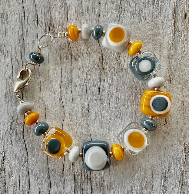 Mustard and grey glass bead bracelet