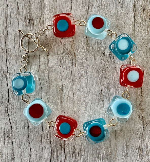 red and blue glass bead bracelet