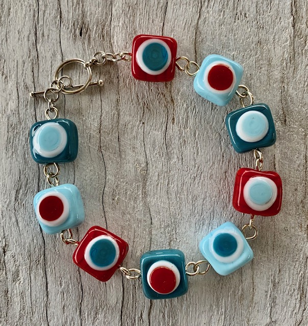 red and blue glass bead bracelet