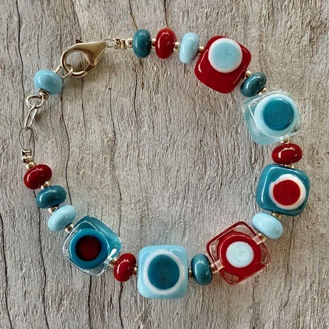 red and blue glass bead bracelet